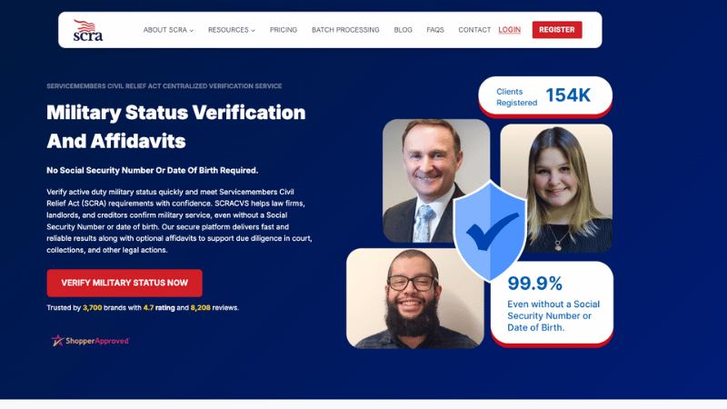 The SCRACVS homepage showing military status verification services with a “Verify Military Status Now” button, client registration numbers, and a 99.9% verification success rate.