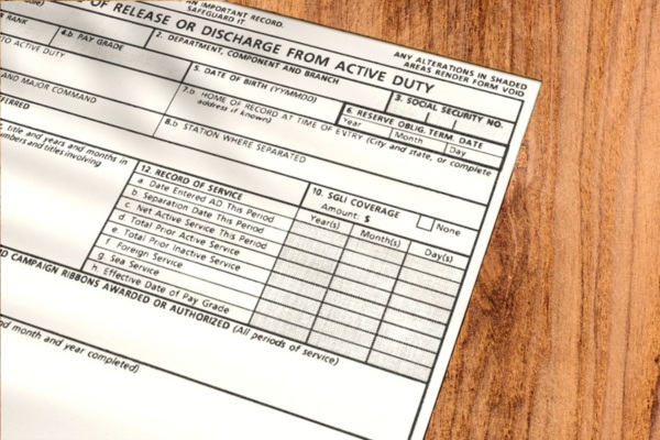 DD214 military discharge form on wooden desk.