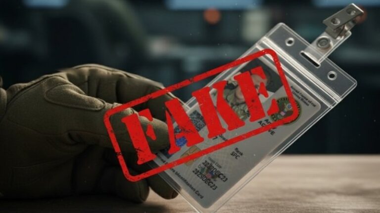 Fake military ID card with red stamp marking it as fake.