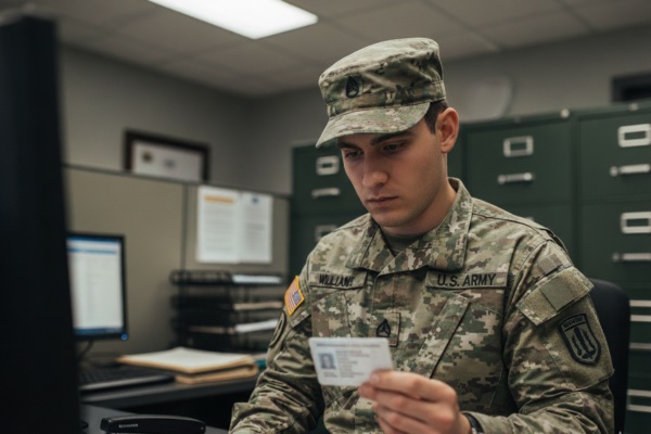 U.S. Army soldier sitting at desk inspecting identification card.