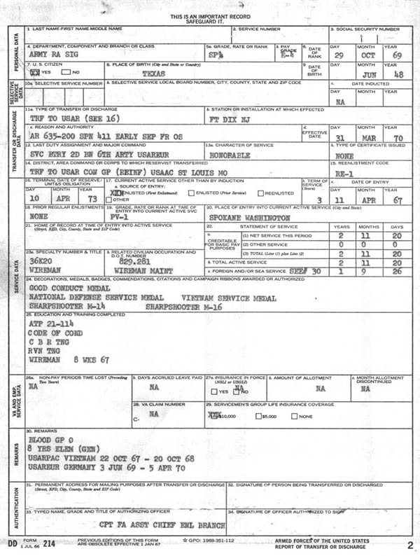 Sample of dd214 form