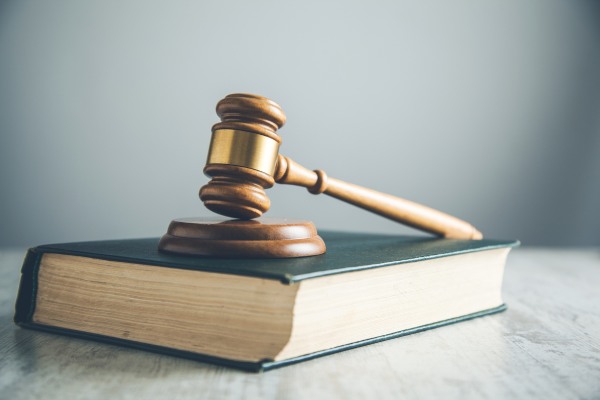 Wooden gavel resting on top of a law book.