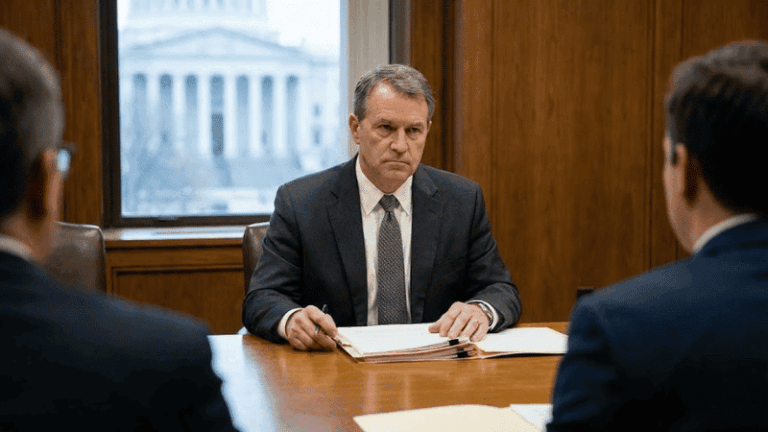 A landlord in a suit sits at a conference table reviewing legal documents while meeting with attorneys during a lawsuit against a tenant.